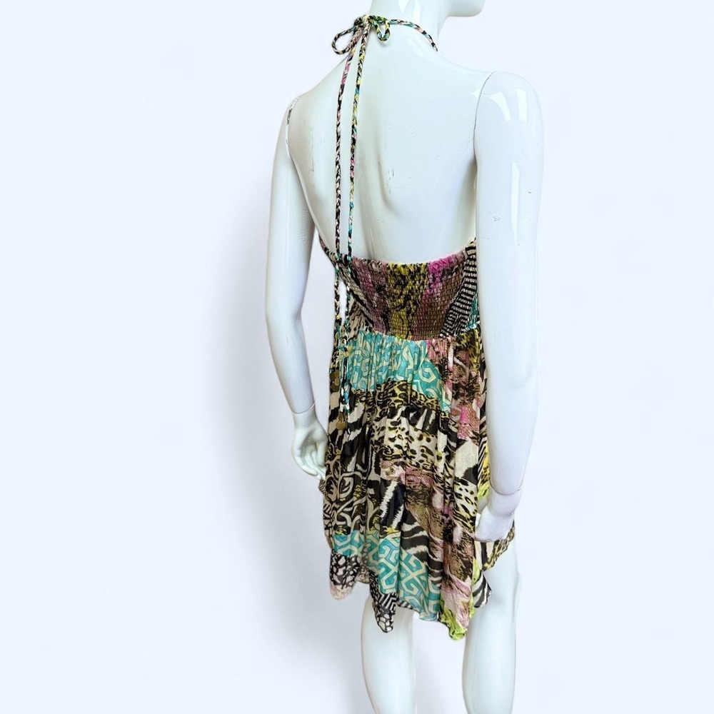 Cocoon Y2K Silk Animal Print Halter Dress Handkerchief Hem Sequin Accents Size 0 - Picture 2 of 8
